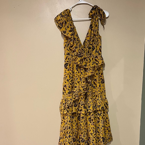 ULLA JOHNSON Yellow Amber Floral Print DANIA Ruffle Tiered Tie Shoulder MIDI 4 - Picture 8 of 16